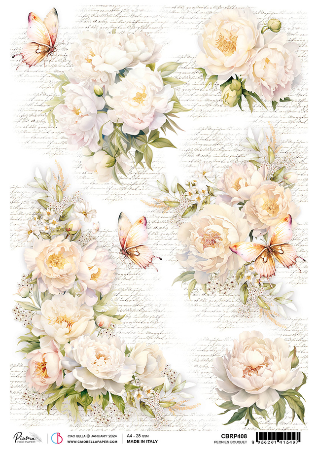 RICE PAPER A4 PEONIES BOUQUET