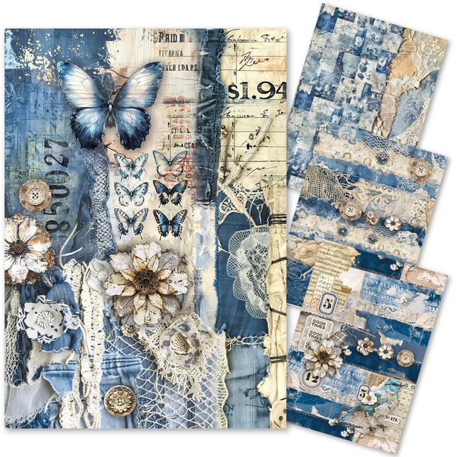 MIXED MEDIA RICE PAPER A4 SET 4/PKG URBAN BLUE DENIM