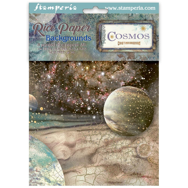 Printed 8 Rice paper A6 backgrounds selection for Art and Craft - Cosmos