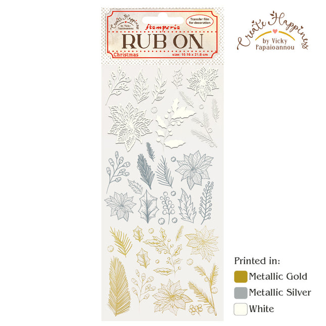 Rub-on cm 10,16x21,6 - Create Happiness Christmas poinsettia and leaves