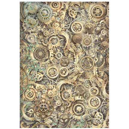 Printed A4 Rice paper for Art and Craft - Gardens of Time gears pattern