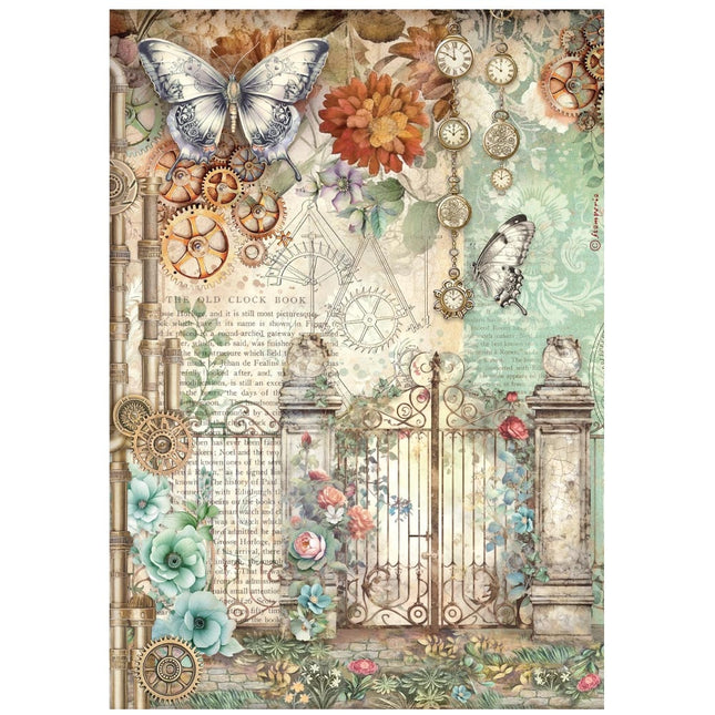Printed A4 Rice paper for Art and Craft - Gardens of Time gate and butterfly