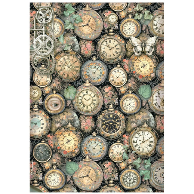 Printed A4 Rice paper for Art and Craft - Gardens of Time clock pattern