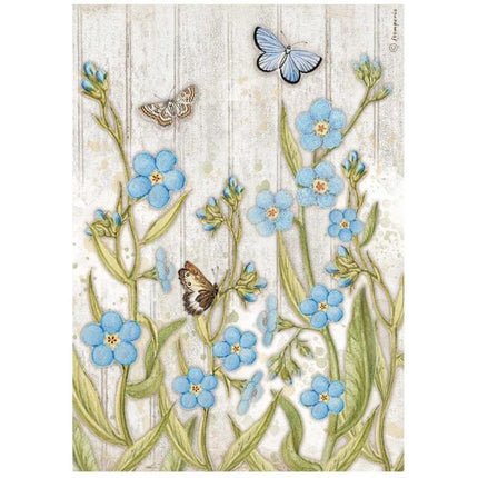 A4 Rice paper packed - Romantic Garden House blue flowers and butterfly