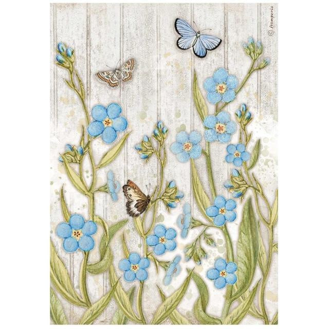 A4 Rice paper packed - Romantic Garden House blue flowers and butterfly