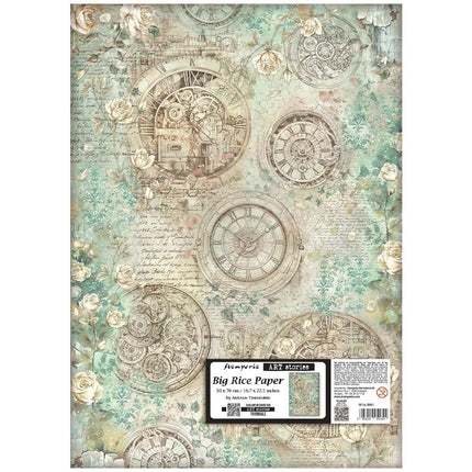 Printed Rice paper for Art and Craft cm 50X70 - Gardens of Time clocks and roses
