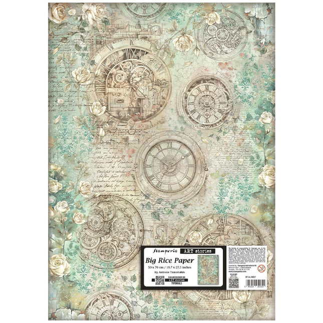 Printed Rice paper for Art and Craft cm 50X70 - Gardens of Time clocks and roses