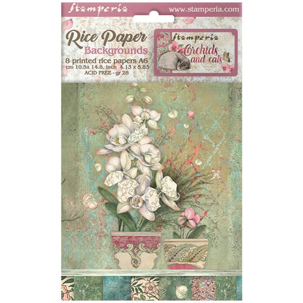 Selection 8 Rice paper A6 backgrounds - Orchids and Cats