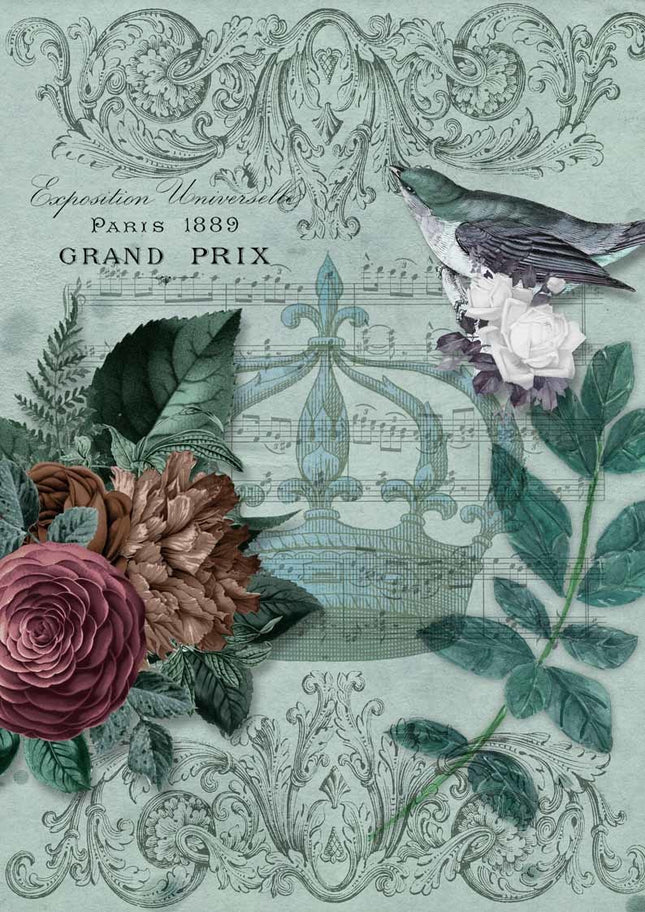 Royal Music Blue Bird and Flowers with Crown Rice Paper A4