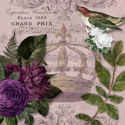 Royal Music Purple Bird and Flowers with Crown Rice Paper A4