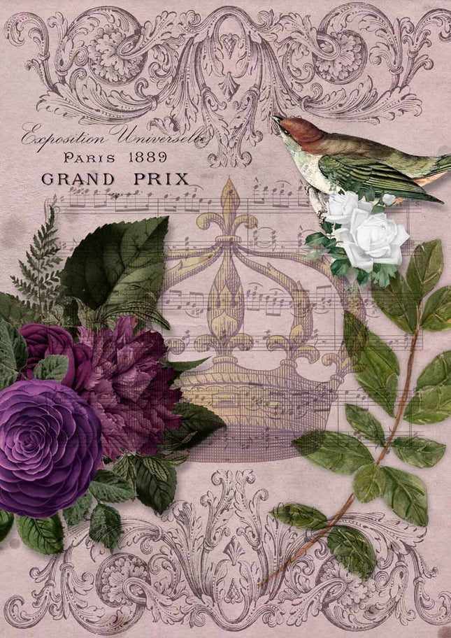 Royal Music Purple Bird and Flowers with Crown Rice Paper A4