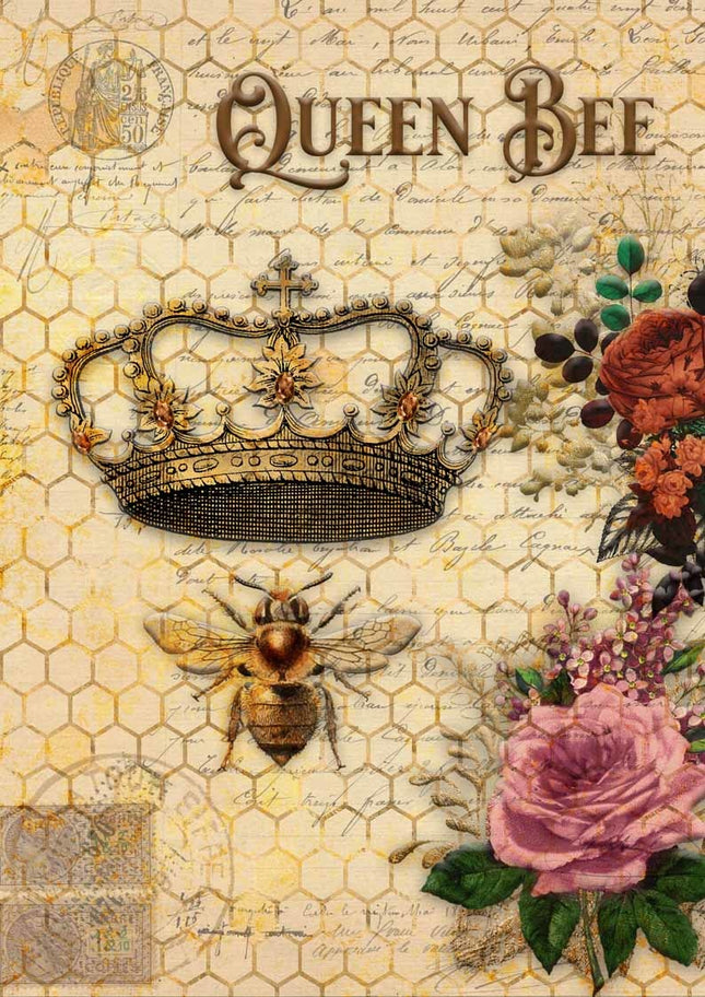 Queen Bee and Roses with Honeycomb Rice Paper A4