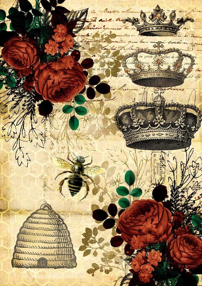 Queen Bee and Red Roses with Beehive Rice Paper A4
