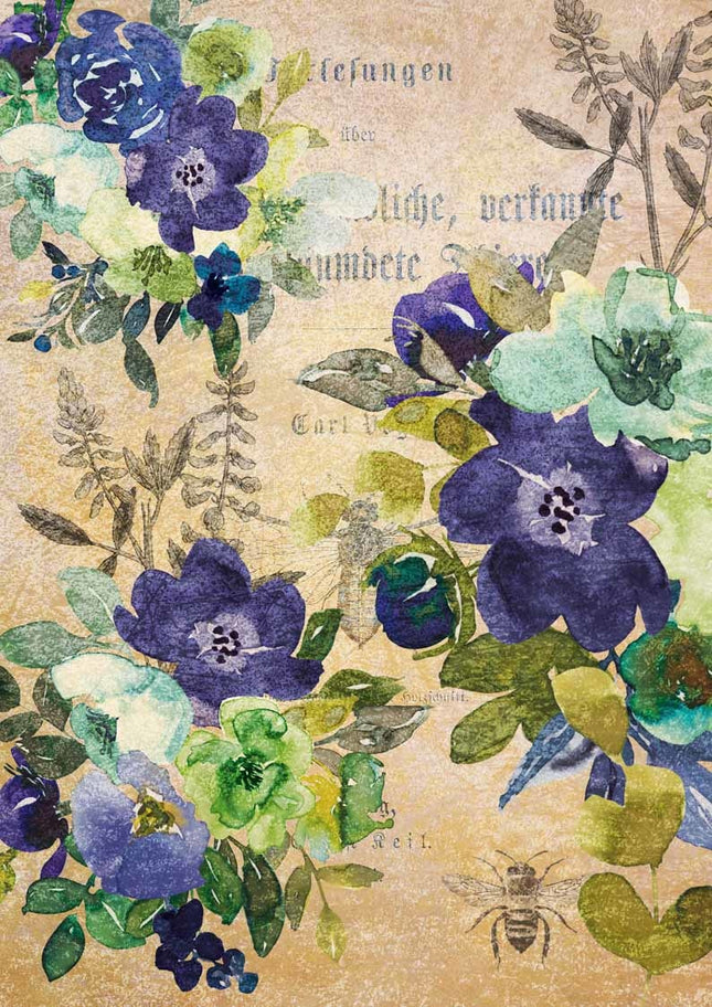 Watercolor Blue and Green Floral Rice Paper A4