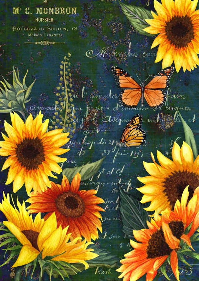 Sunflowers and Monarch Green Butterfly Rice Paper A4