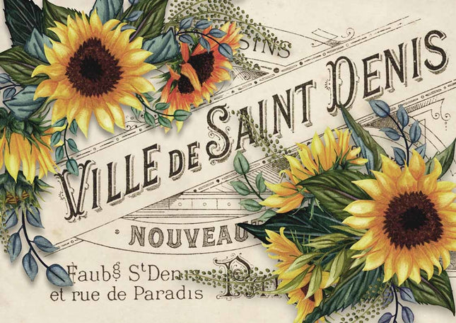 Sunflowers with Ville de St Denis Label Rice Paper A4