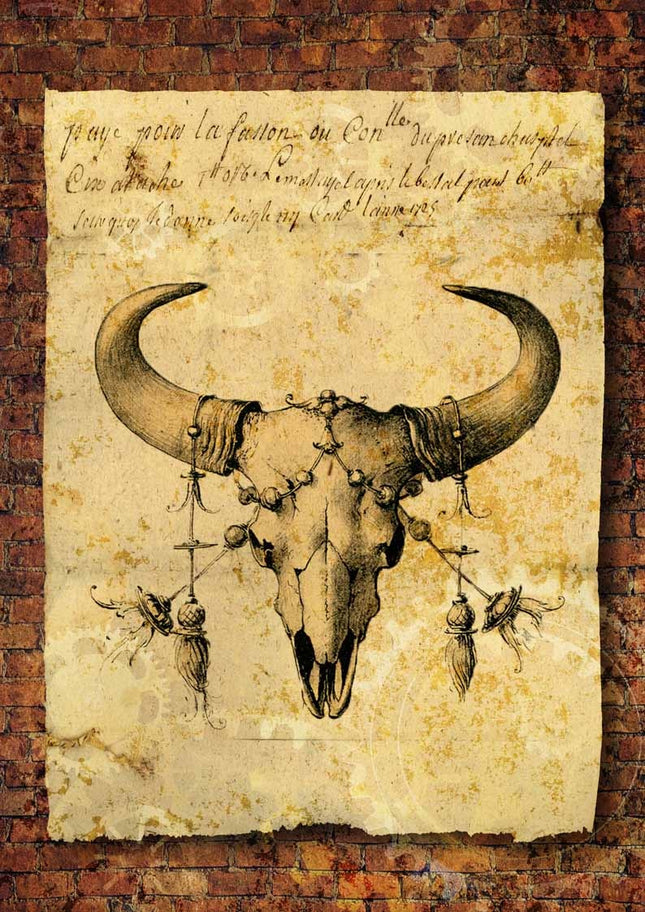 Grunge Bull Skull with Brick Background Rice Paper A4