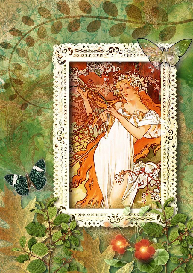 Woodland Framed Mucha Girl Rice Paper A4