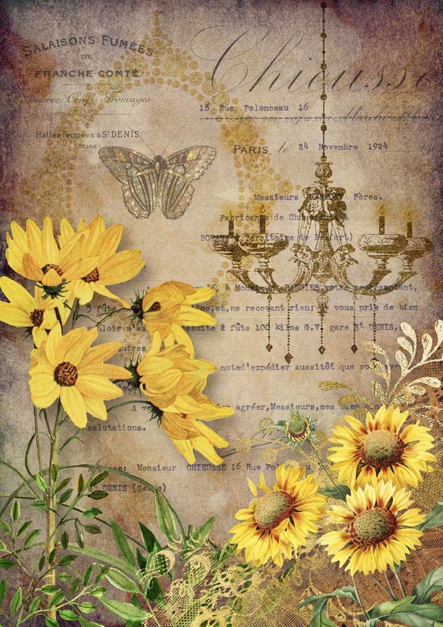 Elegant Sunflowers with Chandelier Rice Paper A4