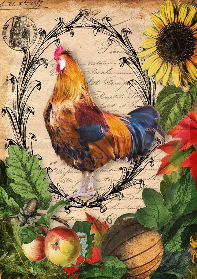 Autumn Rooster with Harvest Vegetables Rice Paper A4