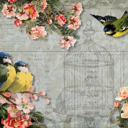 Chickadees and Roses with Birdcage A4