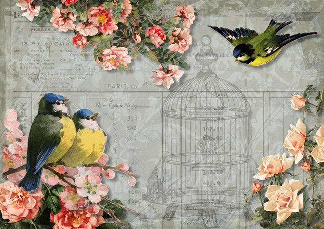 Chickadees and Roses with Birdcage A4