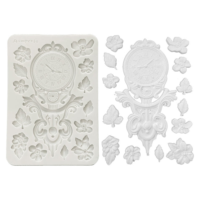 Silicon mould Designs A5 for Art and Craft - Gardens of Time clock and flowers