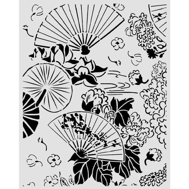 Cut laser stencil for Art and Craft cm 20X25 - Oriental Garden fans