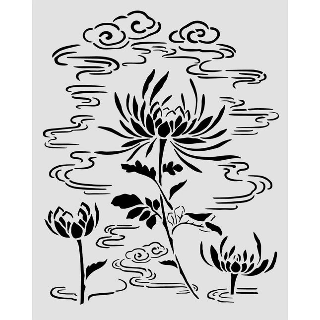 Cut laser stencil for Art and Craft cm 20X25 - Oriental Garden lotus flower