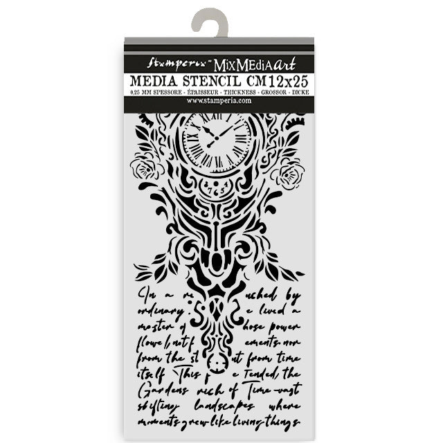 Cut laser stencil for Art and Craft cm 12X25 - Gardens of Time clock and writing