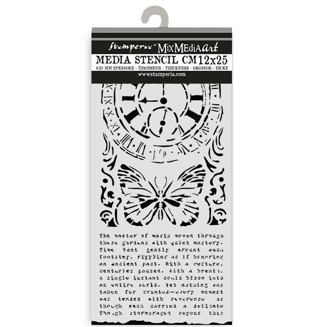 Cut laser stencil for Art and Craft cm 12X25 - Gardens of Time clock and butterfly