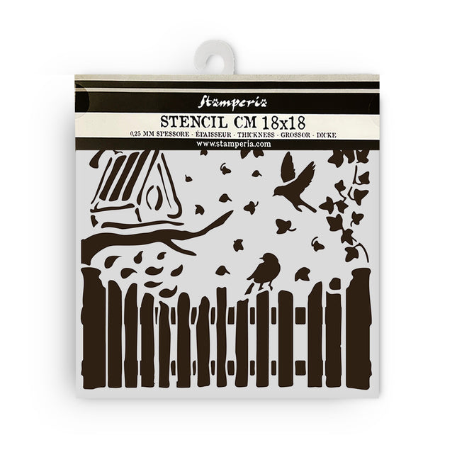Thick stencil cm 18X18 - House of Roses fence and birds