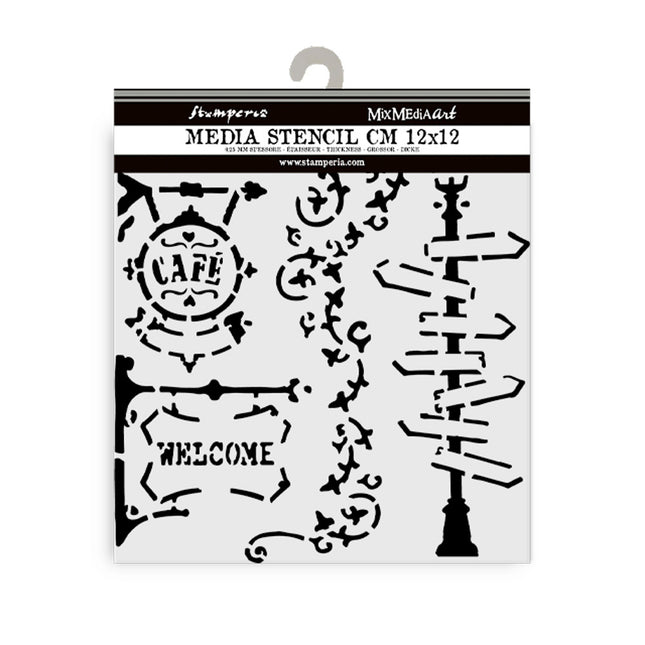 Thick stencil cm 12X12 - Art of Travelling steet lamp and sign