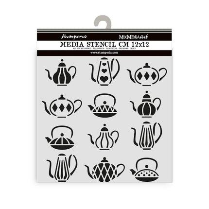 Thick stencil cm 12X12 - Alice in Christmas tea pots