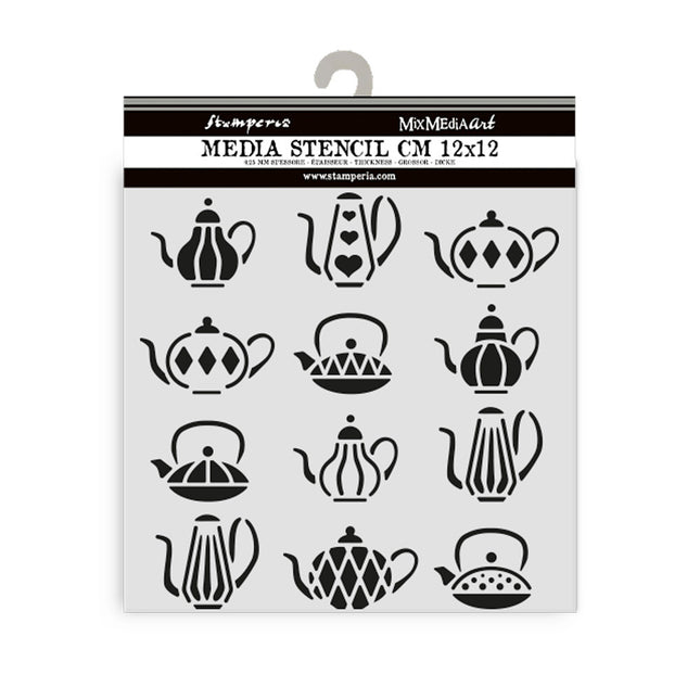 Thick stencil cm 12X12 - Alice in Christmas tea pots