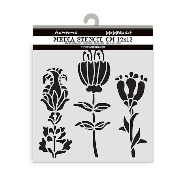 Thick stencil cm 12X12 - Furry Friends stylized flowers