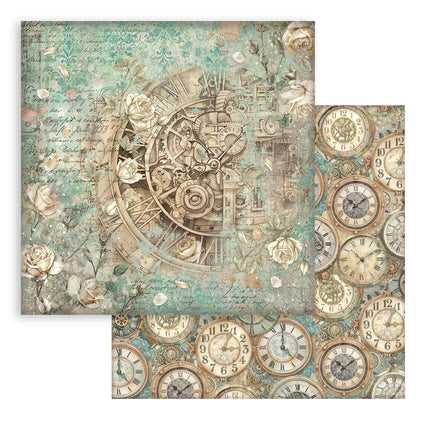 Printed Double Face scrapbooking sheet for Art and Craft - Gardens of Time clock and roses