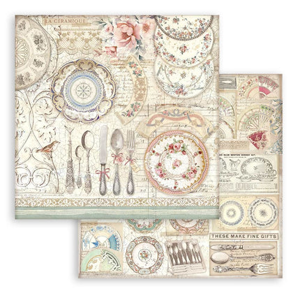 Dubbelzijdig Scrapbook Papier - Brocante Antiques ceramic plates