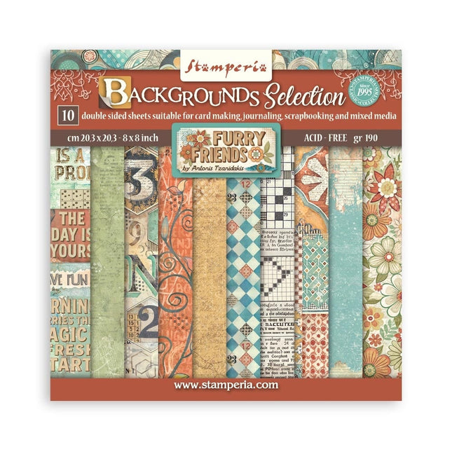 Papierblok 20,3x20,3 cm - 10 vellen -  Backgrounds Selection - Furry Friends