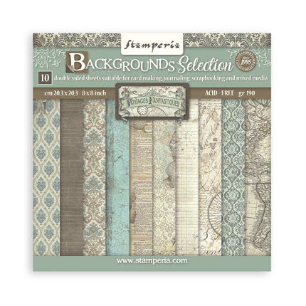 Papierblok 20,3x20,3 cm - 10 vellen -  Backgrounds Selection - Voyages Fantastiques