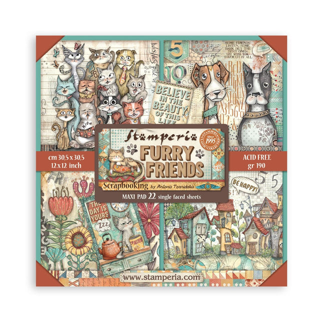 Papierblok 30,5x30,5 cm - 22 vellen - Enkelzijdig - Furry Friends