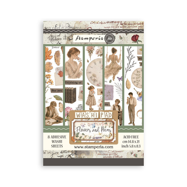 Printed Washi pad for Art and Craft A5 8 sheets - Flowers and Poems