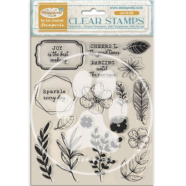 Acrylic stamp cm 14x18 - Masquerade flowers and labels