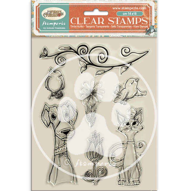 Acrylic stamp cm 14x18 - Furry Friends dog, cat and flowers
